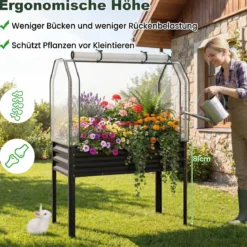 Hochbeet aus Verzinktem Metall mit PE-Abdeckung Erhöhtes Gartenbeet Schwarz/Grau/Silber