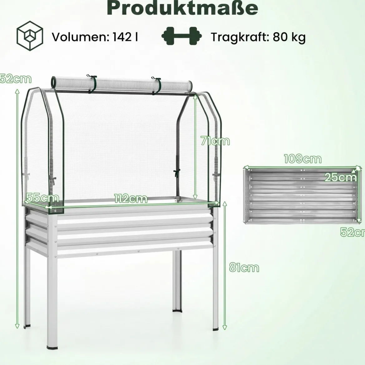 Hochbeet aus Verzinktem Metall mit PE-Abdeckung Erhöhtes Gartenbeet Schwarz/Grau/Silber
