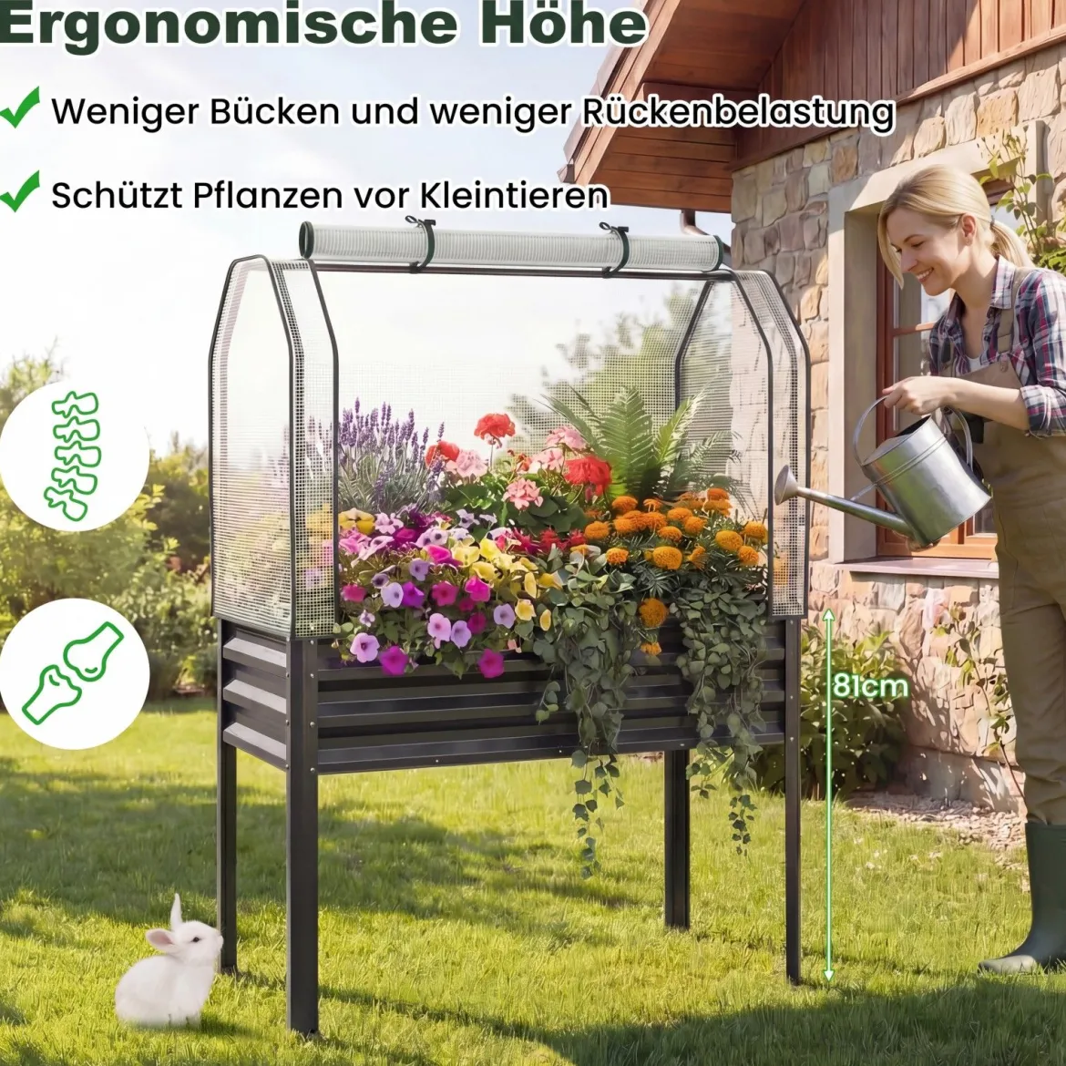 Hochbeet aus Verzinktem Metall mit PE-Abdeckung Erhöhtes Gartenbeet Schwarz/Grau/Silber