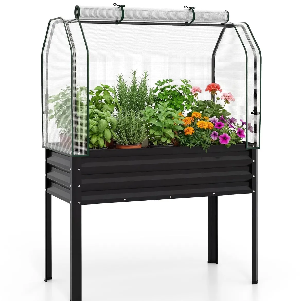 Hochbeet aus Verzinktem Metall mit PE-Abdeckung Erhöhtes Gartenbeet Schwarz/Grau/Silber