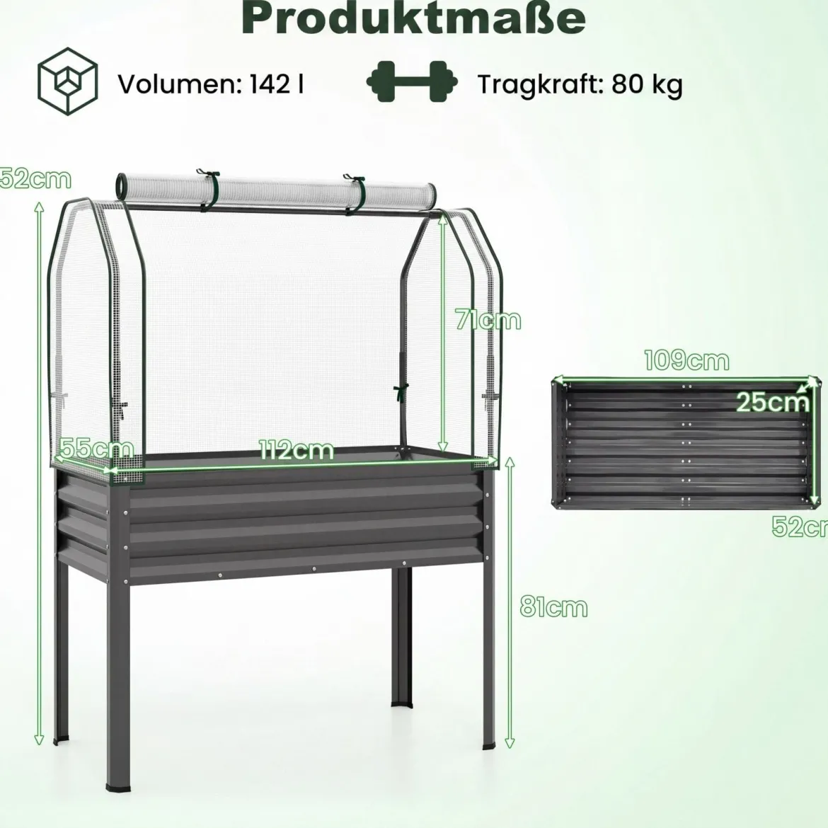 Hochbeet aus Verzinktem Metall mit PE-Abdeckung Erhöhtes Gartenbeet Schwarz/Grau/Silber