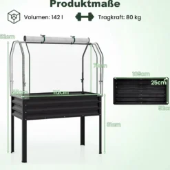 Hochbeet aus Verzinktem Metall mit PE-Abdeckung Erhöhtes Gartenbeet Schwarz/Grau/Silber