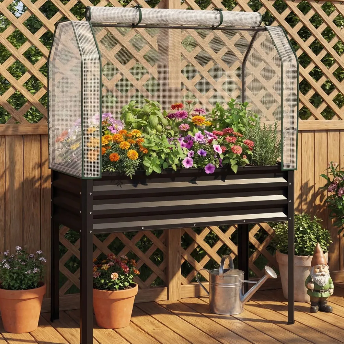 Hochbeet aus Verzinktem Metall mit PE-Abdeckung Erhöhtes Gartenbeet Schwarz/Grau/Silber