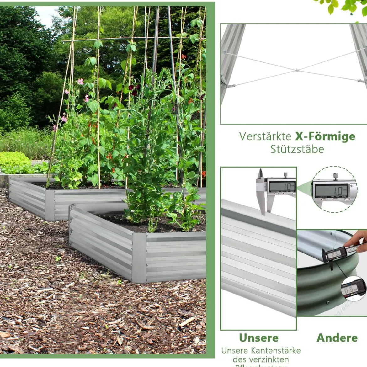 Hochbeet aus Verzinktem Metall Rechteckiges Pflanzkasten für Garten 242 x 122 x 30 cm Silber