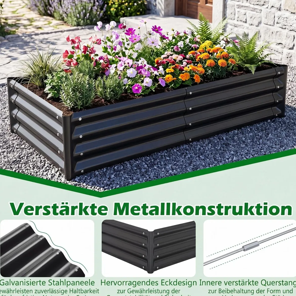 Hochbeet aus Verzinktem Stahl stabiler Pflanzkasten Wetterfest & Rostfrei Gartenbeet 123 x 64 cm Grau