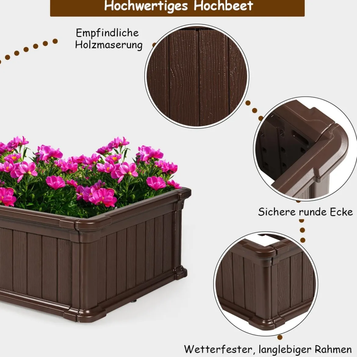 Hochbeet Erhöhtes Gartenbeet Rechteckige Pflanzenbox für Pflanzen und Gemüse Outdoor Pflanzenkübel 122 x 60 x 30 cm Braun