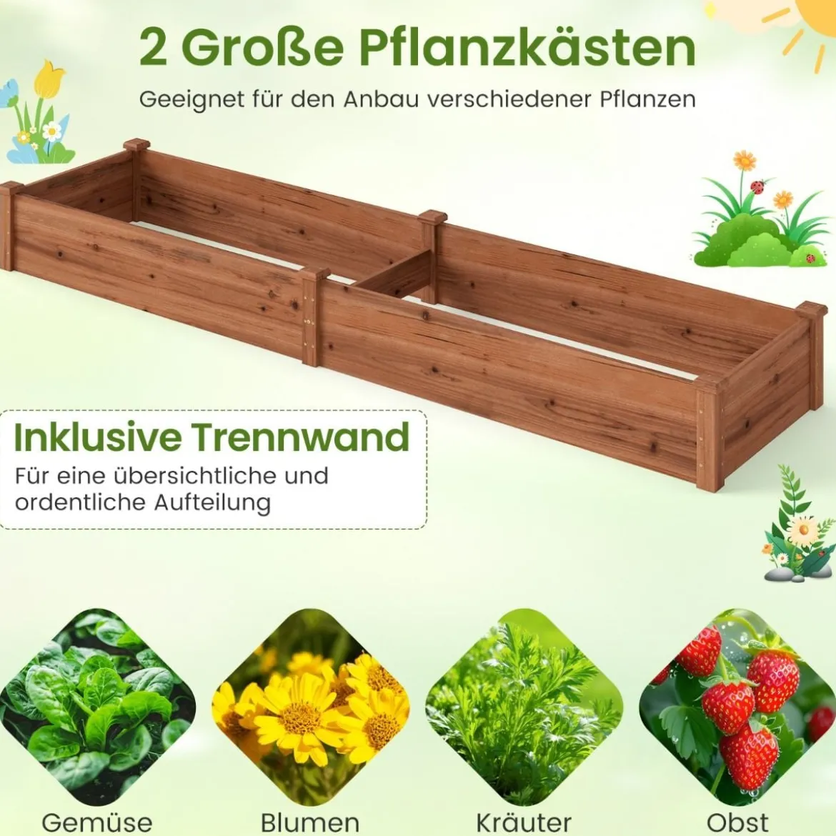 Hochbeet Gartenbeet Holz 240 x 60 x 25 cm Pflanzkasten für Gemüse Blumen Braun