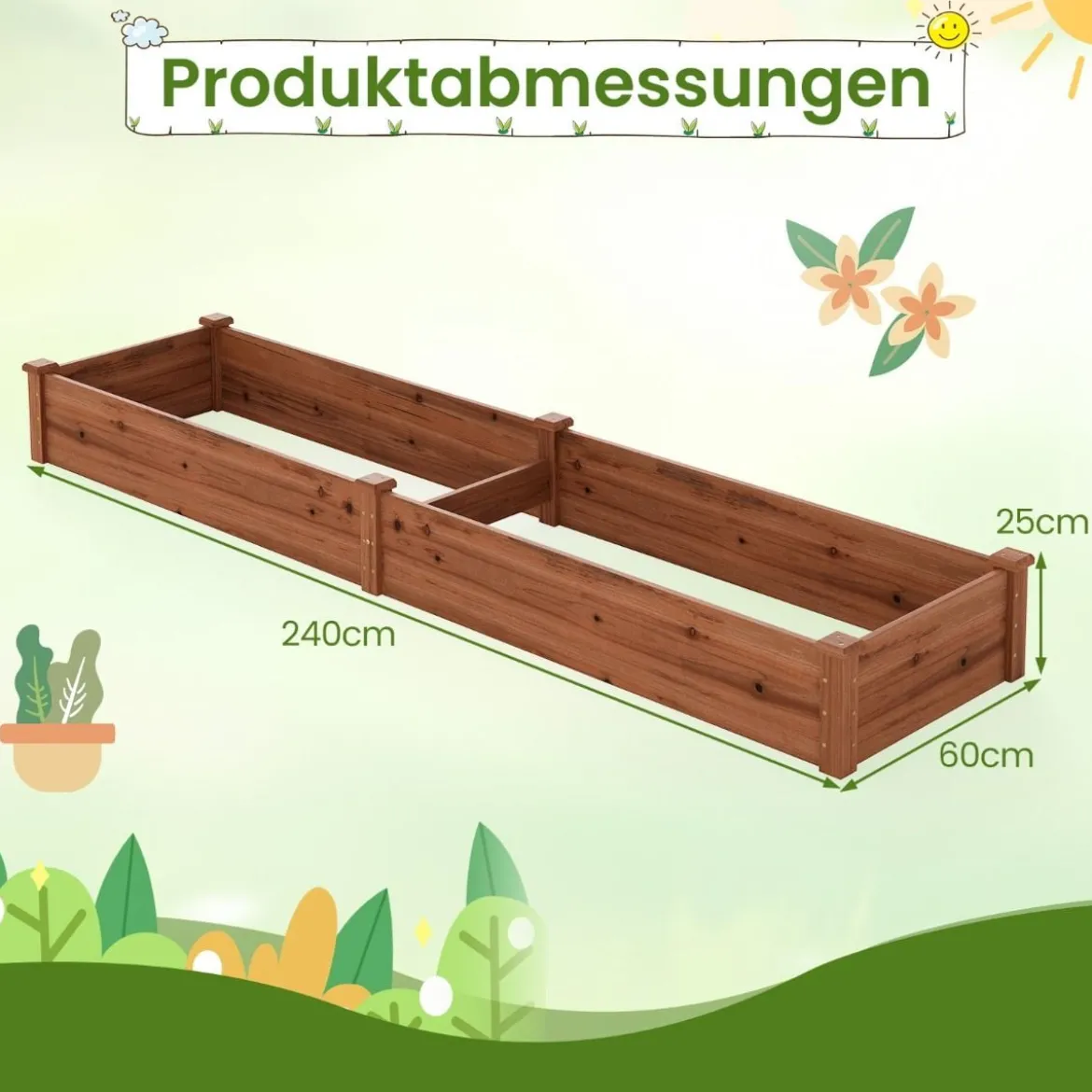 Hochbeet Gartenbeet Holz 240 x 60 x 25 cm Pflanzkasten für Gemüse Blumen Braun