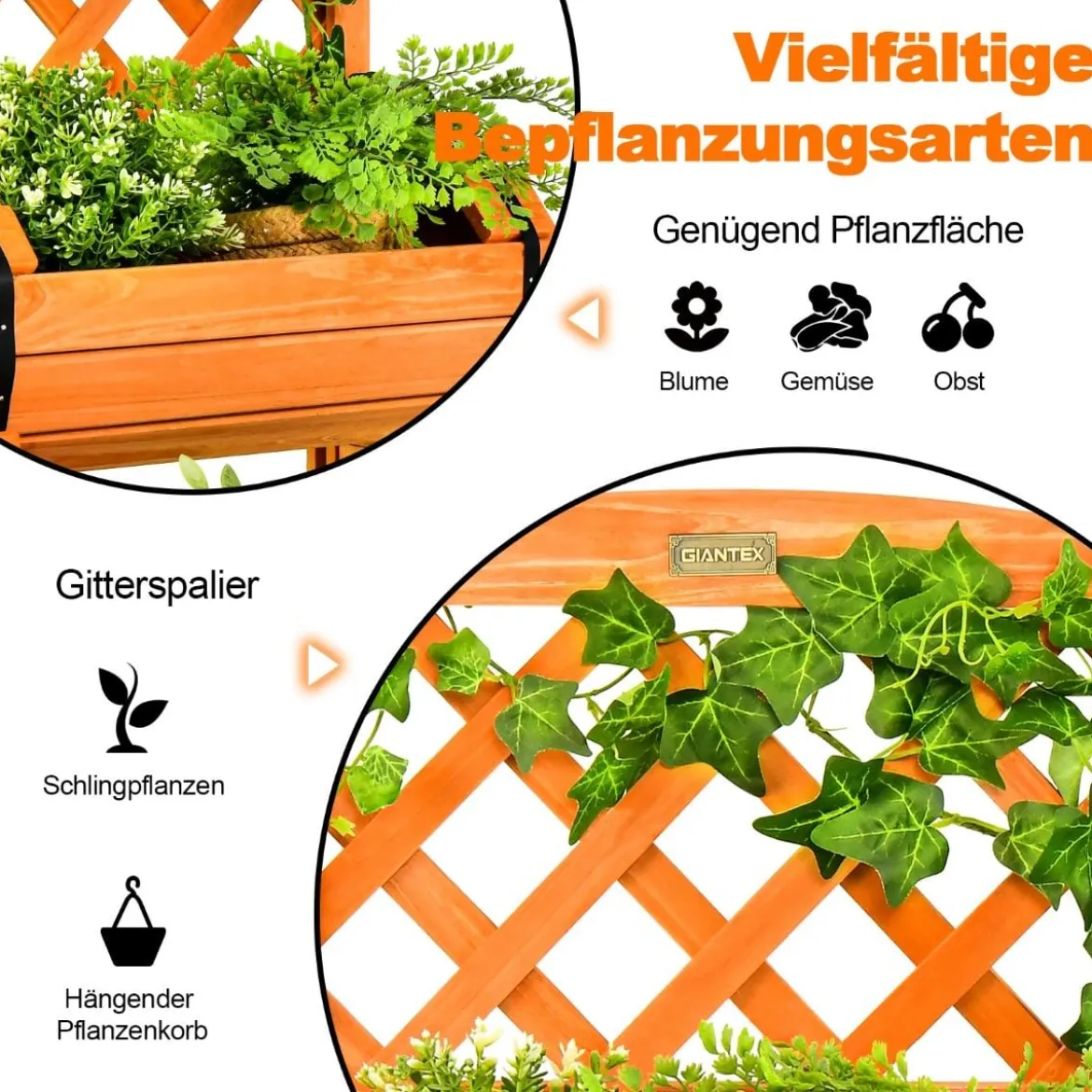 Hochbeet Gartenbeet mit 2 Pflanzkästen & Spalier 45 x 45 x 80,5 cm Orange