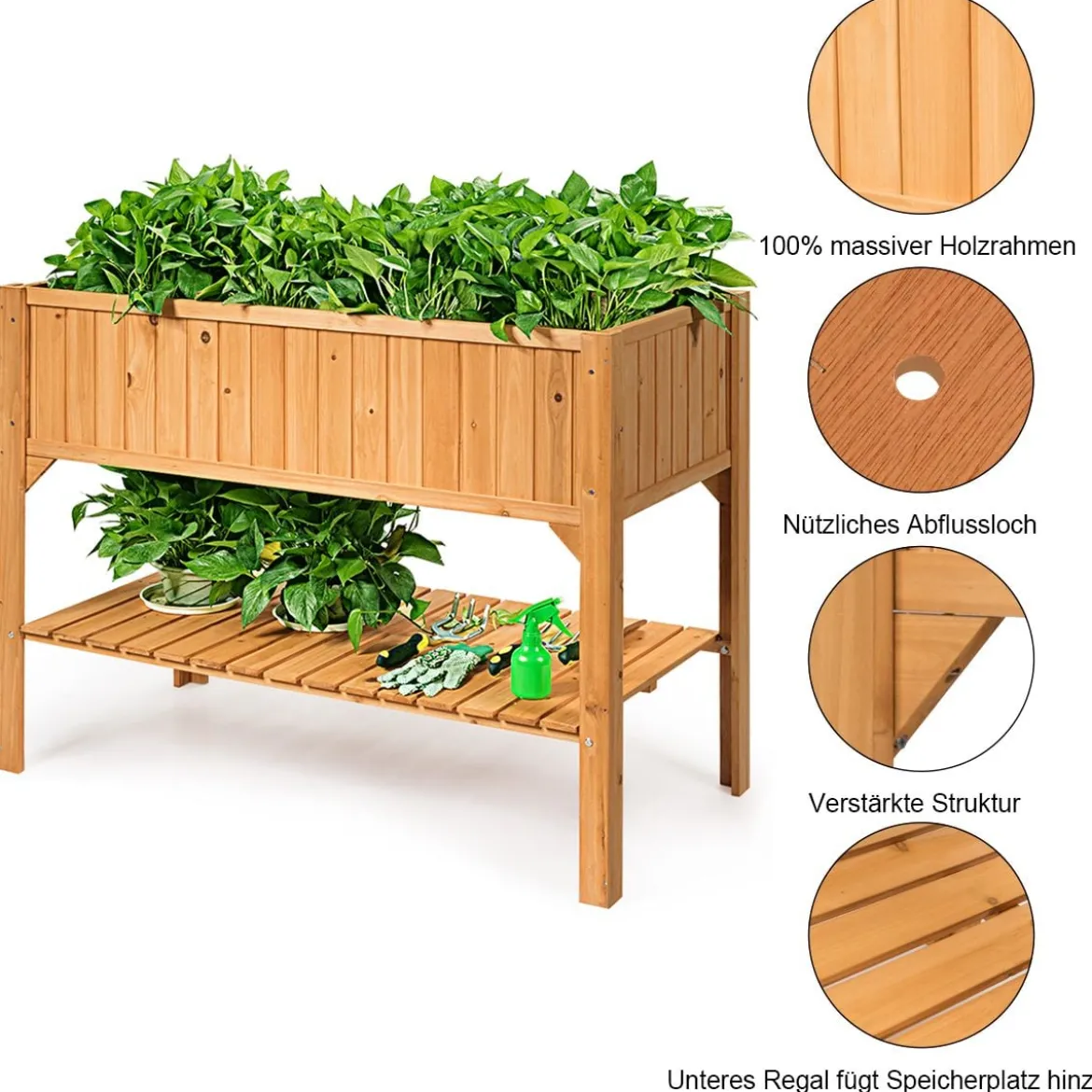 Hochbeet Garten Pflanzkasten Pflanztrog mit Ablage 119 x 57 x 90 cm aus Holz