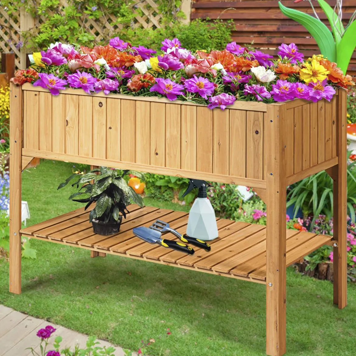 Hochbeet Garten Pflanzkasten Pflanztrog mit Ablage 119 x 57 x 90 cm aus Holz