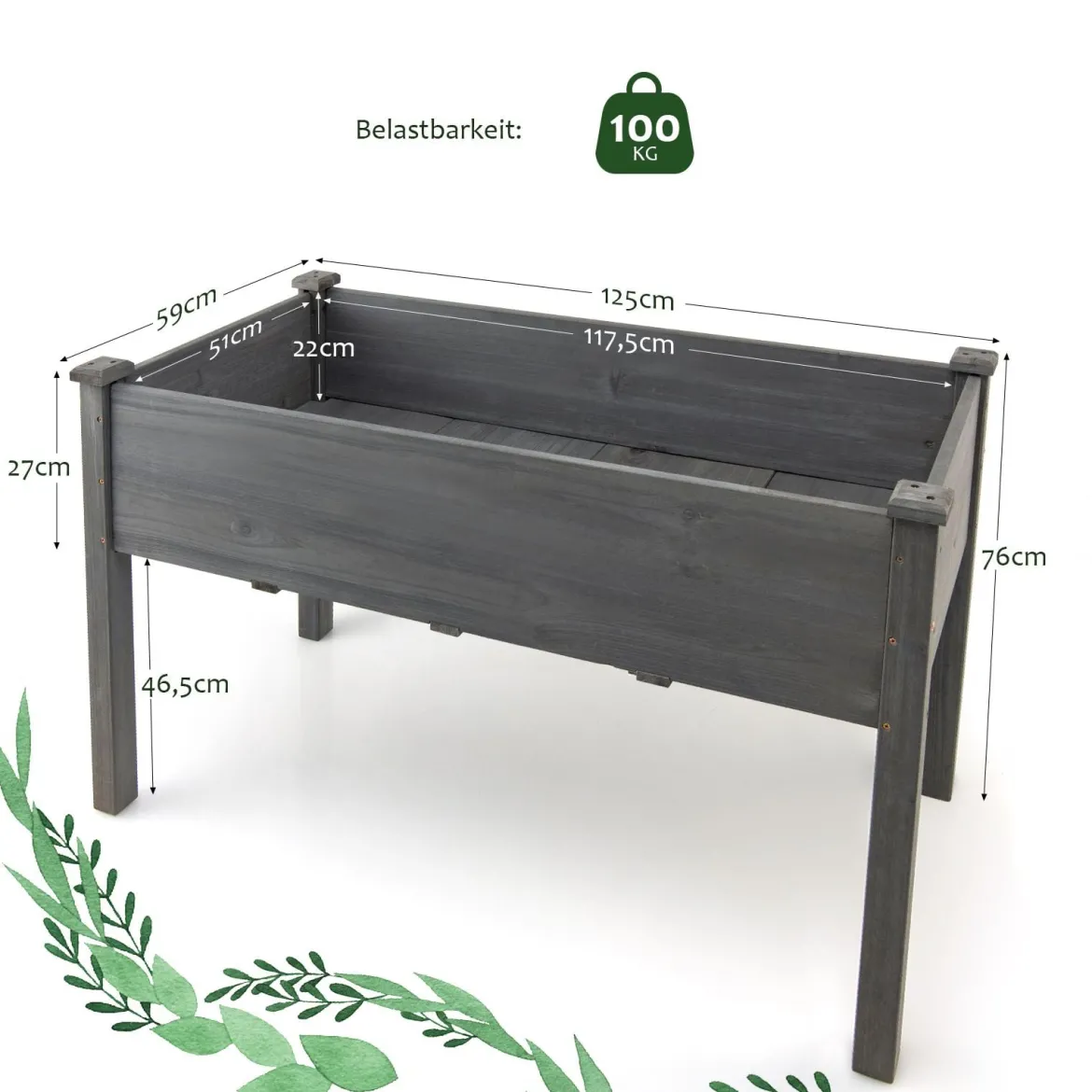 Hochbeet Holz Anzuchtbeet groß Frühbeet Pflanzkübel Pflanzkasten 125 x 59 x 76 cm Grau