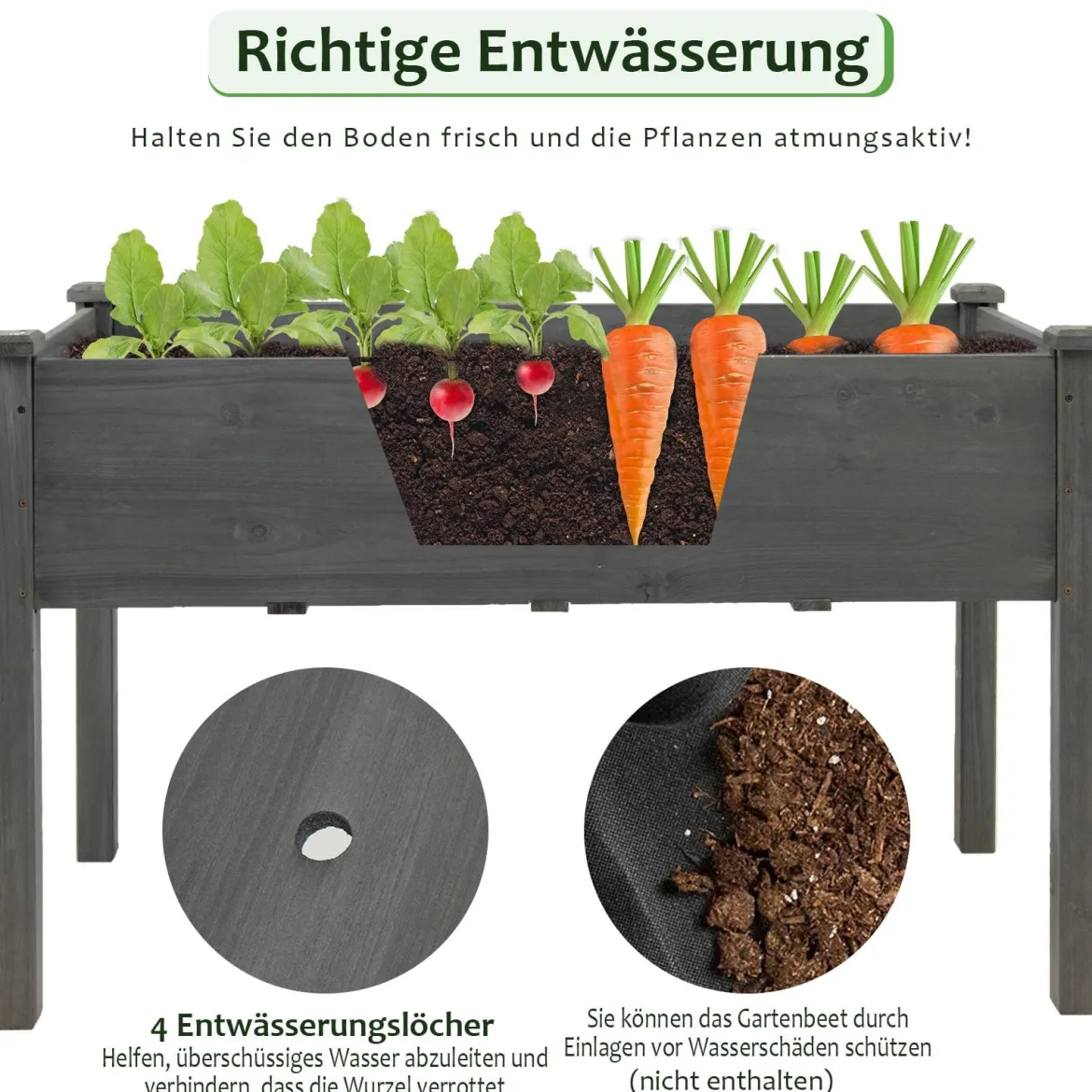 Hochbeet Holz Anzuchtbeet groß Frühbeet Pflanzkübel Pflanzkasten 125 x 59 x 76 cm Grau