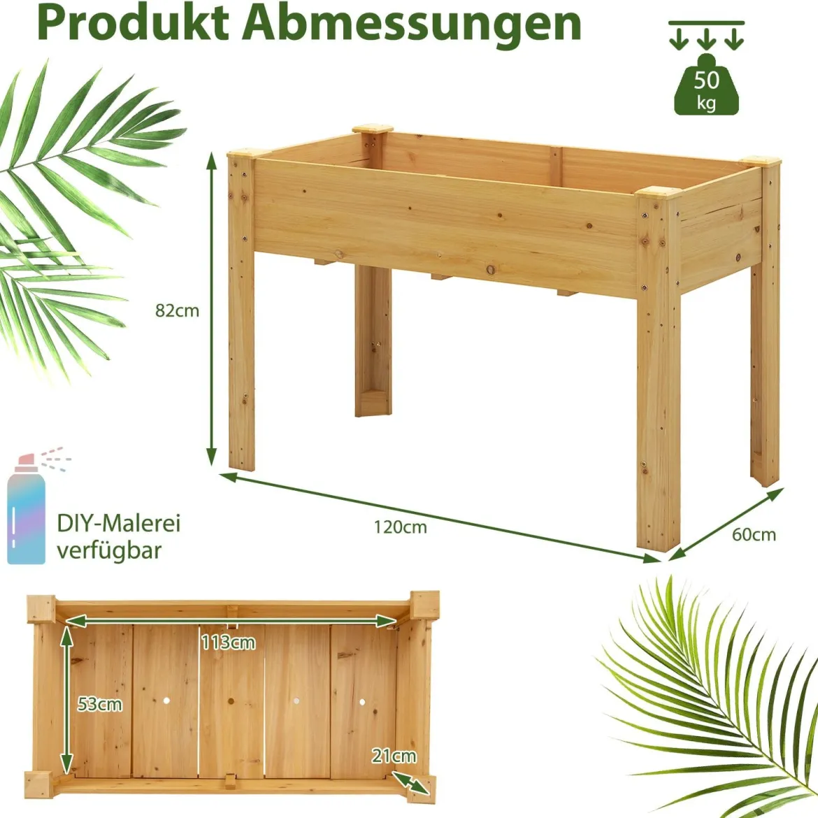 Hochbeet Holz Erhöhtes Gartenbeet Pflanzkasten mit Drainagelöchern Gemüsebeet Pflanzbeet rechteckig 120 x 60 x 82 cm Natur