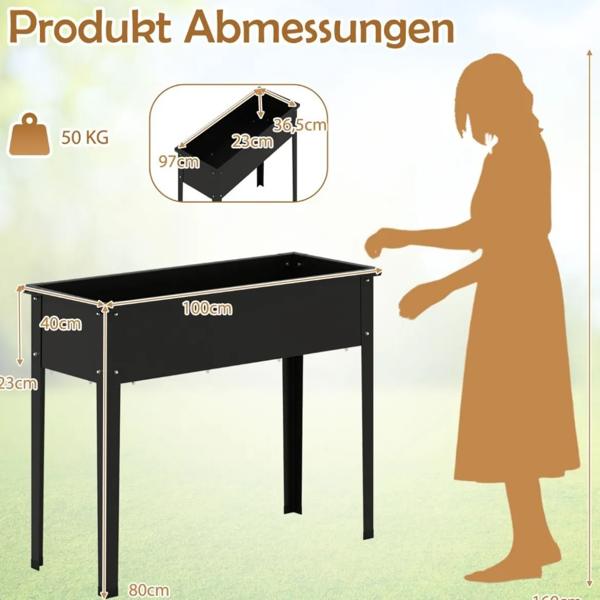 Hochbeet Metall erhöhtes Gartenbeet bis 50 kg Pflanzgefäß 100 x 40 x 80 cm Schwarz