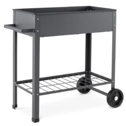 Hochbeet Metall mit 2 Rollen Gemüsebeet mit Wasserablauf Ablage & Haltegriff 88 × 37 × 80 cm Grau