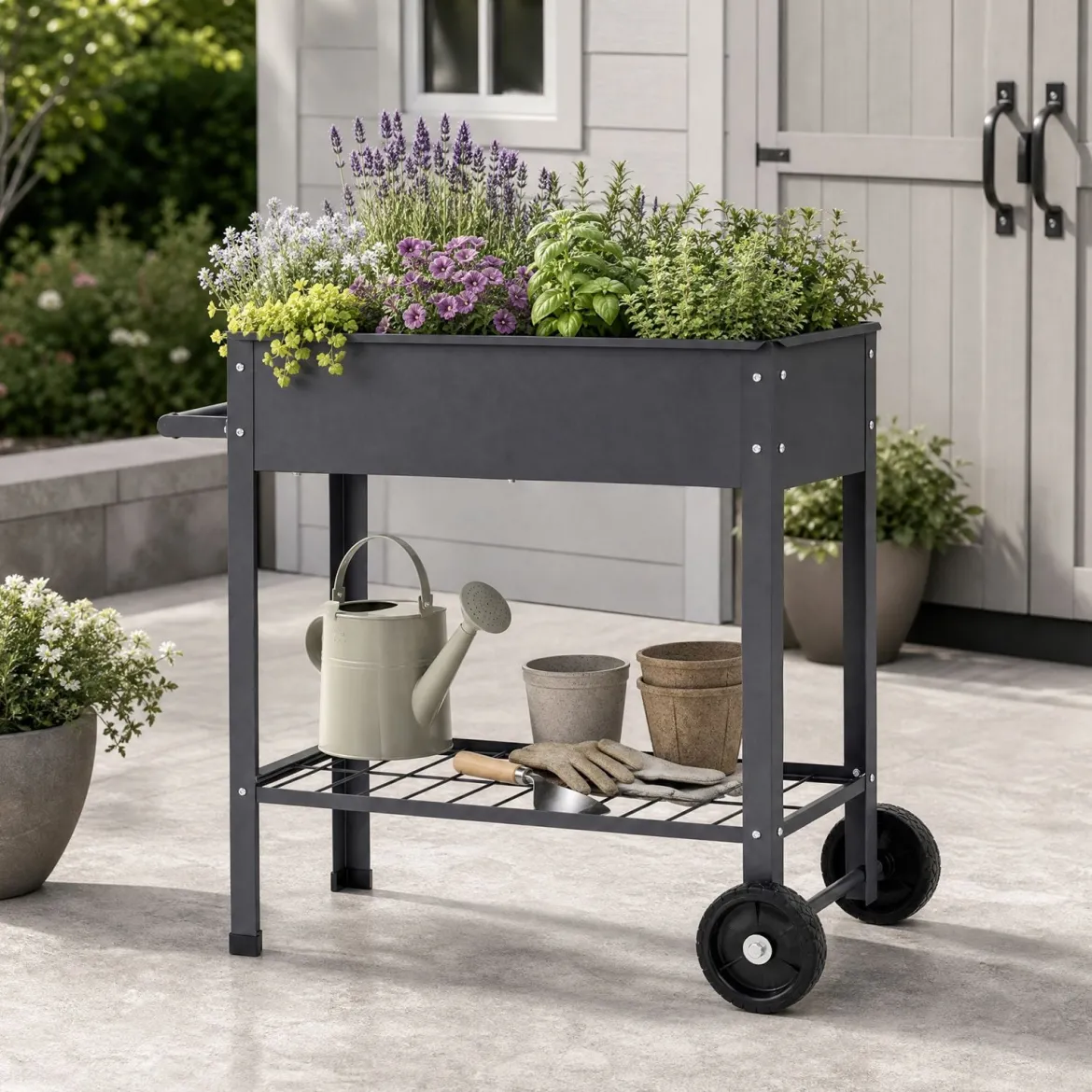 Hochbeet Metall mit 2 Rollen Gemüsebeet mit Wasserablauf Ablage & Haltegriff 88 × 37 × 80 cm Grau