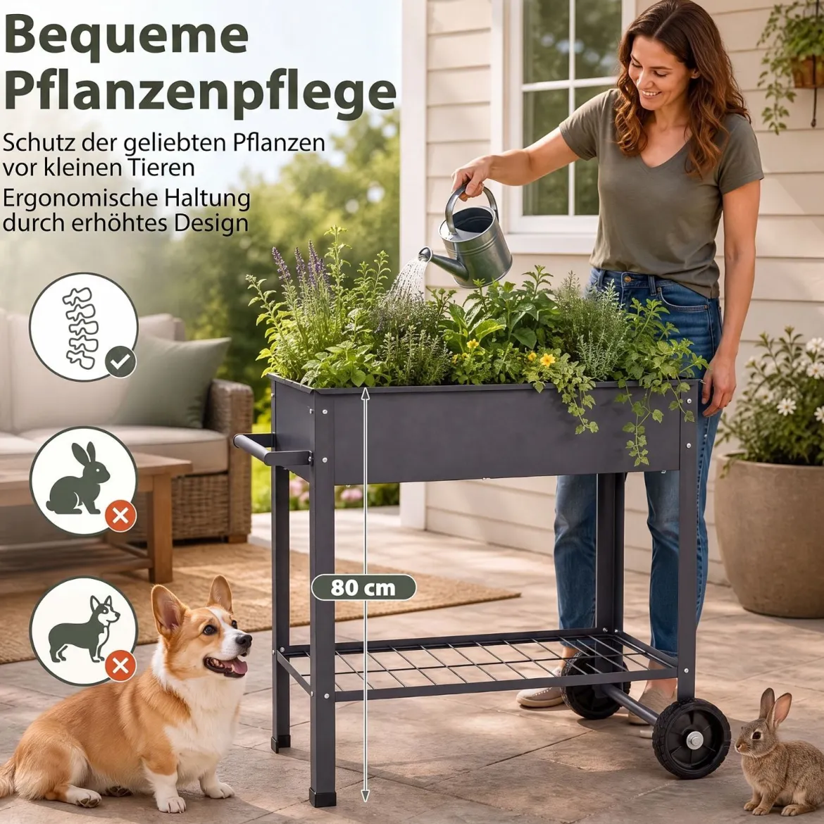 Hochbeet Metall mit 2 Rollen Gemüsebeet mit Wasserablauf Ablage & Haltegriff 88 × 37 × 80 cm Grau