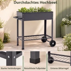 Hochbeet Metall mit 2 Rollen Gemüsebeet mit Wasserablauf Ablage & Haltegriff 88 × 37 × 80 cm Grau