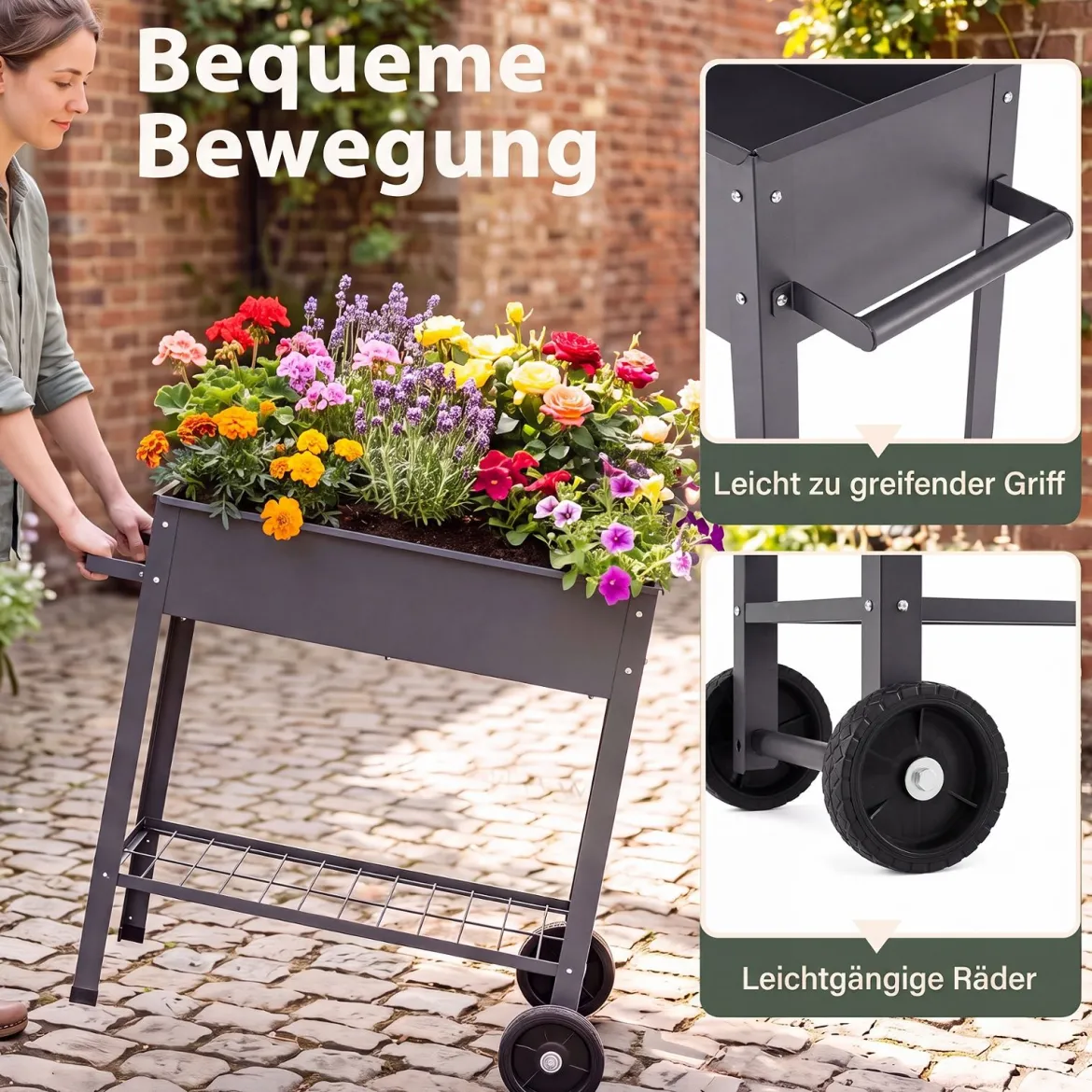 Hochbeet Metall mit 2 Rollen Gemüsebeet mit Wasserablauf Ablage & Haltegriff 88 × 37 × 80 cm Grau