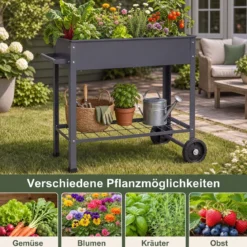 Hochbeet Metall mit 2 Rollen Gemüsebeet mit Wasserablauf Ablage & Haltegriff 88 × 37 × 80 cm Grau