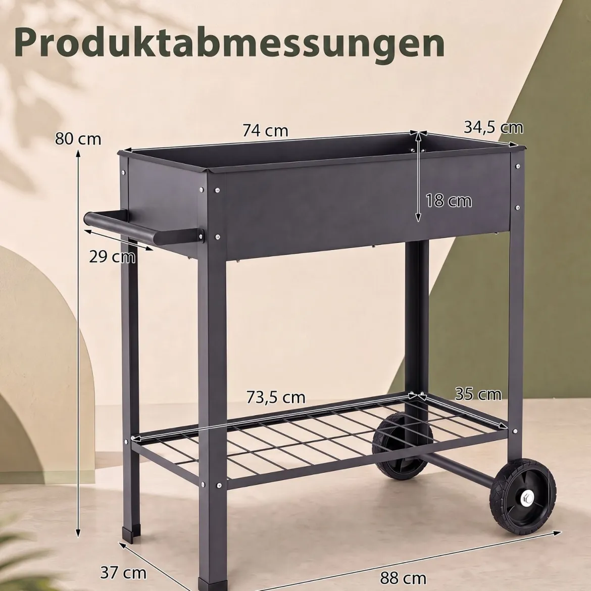 Hochbeet Metall mit 2 Rollen Gemüsebeet mit Wasserablauf Ablage & Haltegriff 88 × 37 × 80 cm Grau