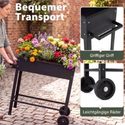 Hochbeet Metall mit 2 Rollen Gemüsebeet mit Wasserablauf Ablage & Haltegriff 88 × 37 × 80 cm Schwarz