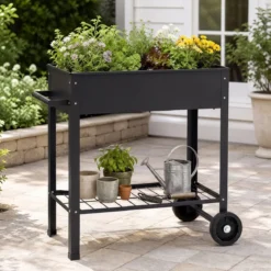 Hochbeet Metall mit 2 Rollen Gemüsebeet mit Wasserablauf Ablage & Haltegriff 88 × 37 × 80 cm Schwarz