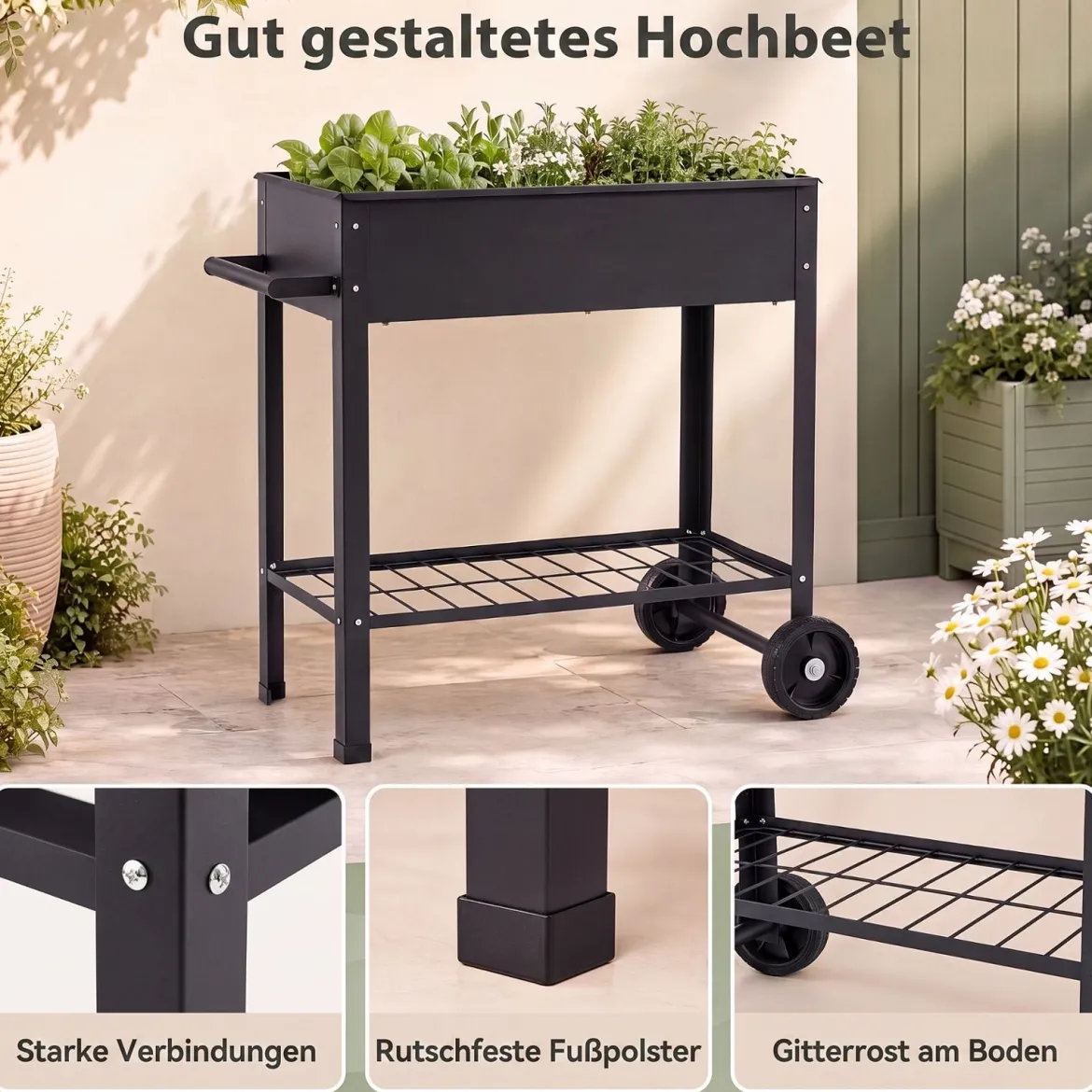 Hochbeet Metall mit 2 Rollen Gemüsebeet mit Wasserablauf Ablage & Haltegriff 88 × 37 × 80 cm Schwarz