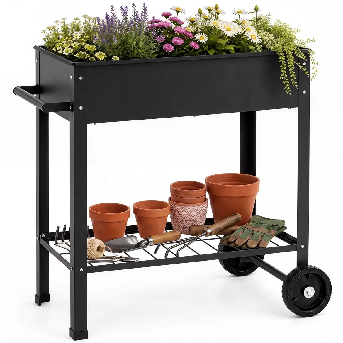 Hochbeet Metall mit 2 Rollen Gemüsebeet mit Wasserablauf Ablage & Haltegriff 88 × 37 × 80 cm Schwarz