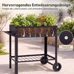 Hochbeet Metall mit 2 Rollen Gemüsebeet mit Wasserablauf Ablage & Haltegriff 88 × 37 × 80 cm Schwarz