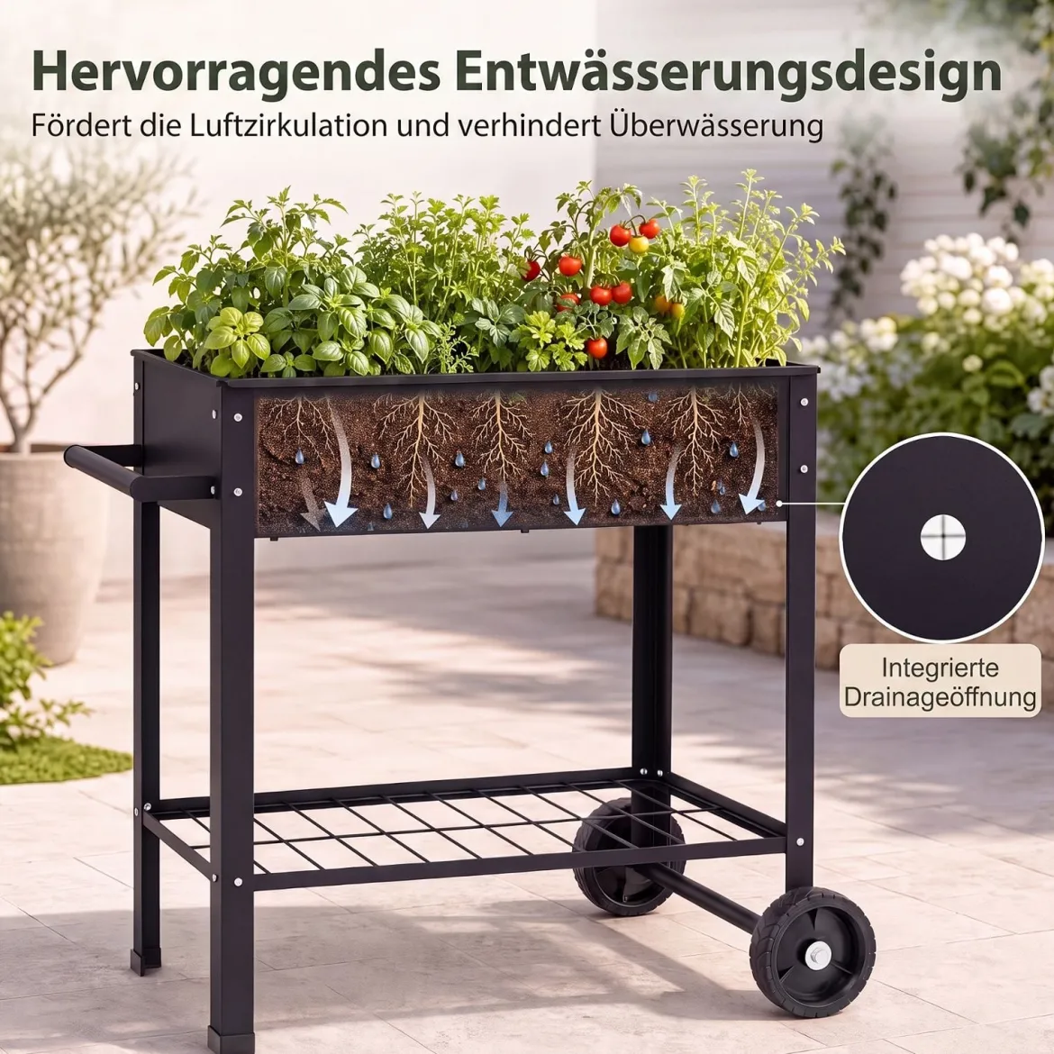 Hochbeet Metall mit 2 Rollen Gemüsebeet mit Wasserablauf Ablage & Haltegriff 88 × 37 × 80 cm Schwarz
