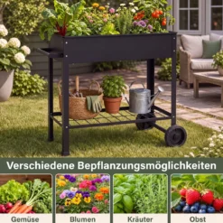 Hochbeet Metall mit 2 Rollen Gemüsebeet mit Wasserablauf Ablage & Haltegriff 88 × 37 × 80 cm Schwarz