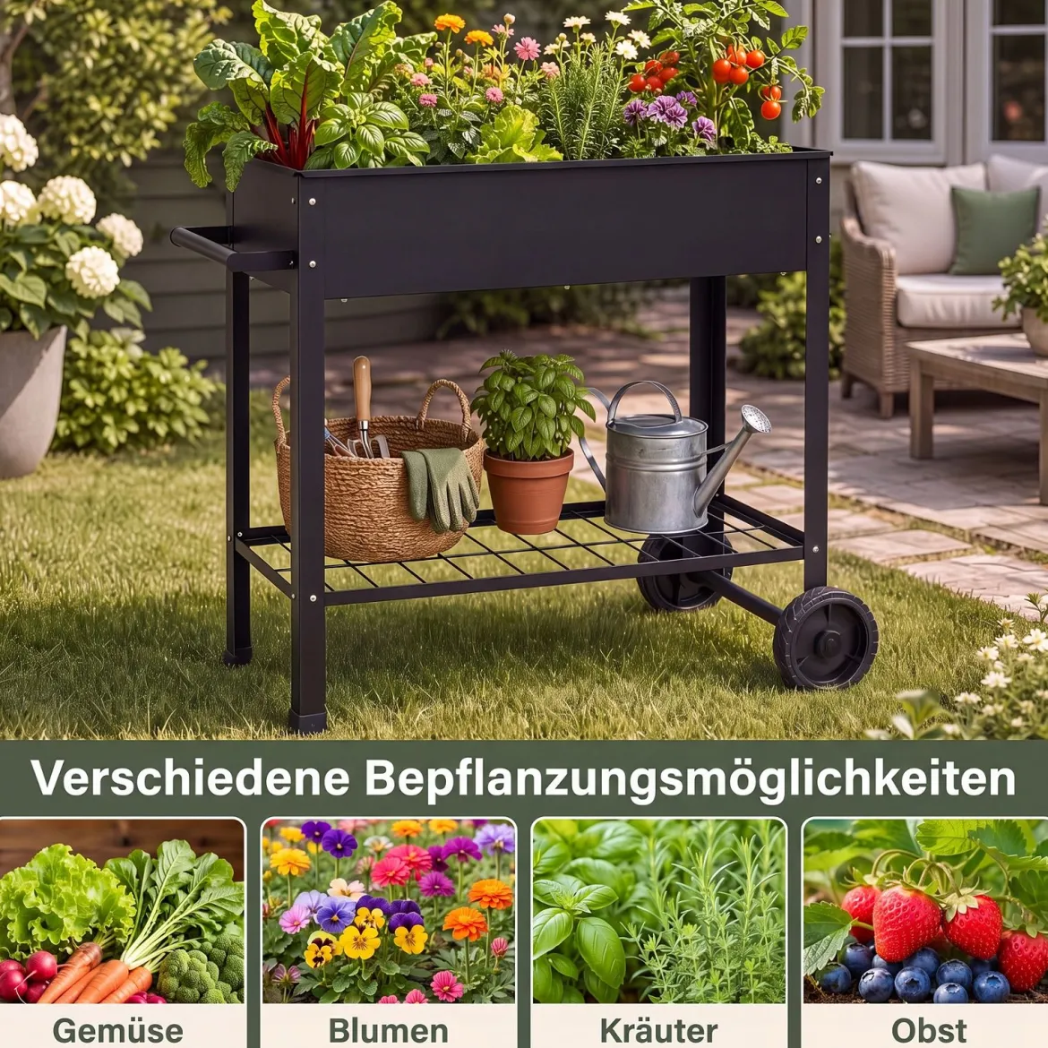 Hochbeet Metall mit 2 Rollen Gemüsebeet mit Wasserablauf Ablage & Haltegriff 88 × 37 × 80 cm Schwarz