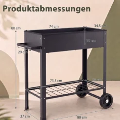 Hochbeet Metall mit 2 Rollen Gemüsebeet mit Wasserablauf Ablage & Haltegriff 88 × 37 × 80 cm Schwarz