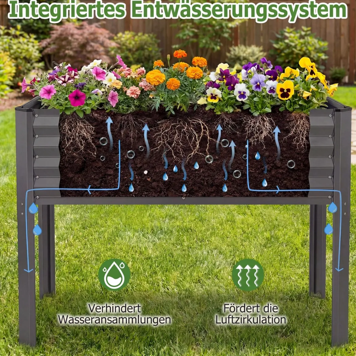 Hochbeet Metall Pflanzkasten mit Beinen Erhöhtes Pflanzgefäß mit Abflusssystem Blumenkasten Grau/Silber