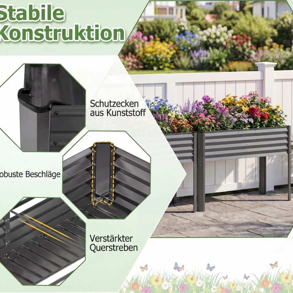 Hochbeet Metall Pflanzkasten mit Beinen Erhöhtes Pflanzgefäß mit Abflusssystem Blumenkasten Grau/Silber