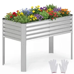 Hochbeet Metall Pflanzkasten mit Beinen Erhöhtes Pflanzgefäß mit Abflusssystem Blumenkasten Grau/Silber