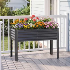 Hochbeet Metall Pflanzkasten mit Beinen Erhöhtes Pflanzgefäß mit Abflusssystem Blumenkasten Grau/Silber