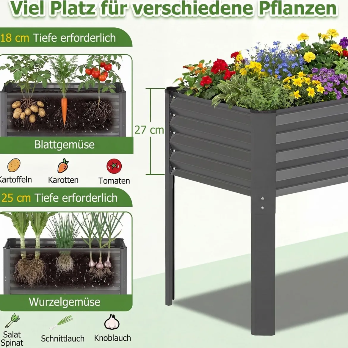 Hochbeet Metall Pflanzkasten mit Beinen Erhöhtes Pflanzgefäß mit Abflusssystem Blumenkasten Grau/Silber