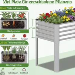 Hochbeet Metall Pflanzkasten mit Beinen Erhöhtes Pflanzgefäß mit Abflusssystem Blumenkasten Grau/Silber