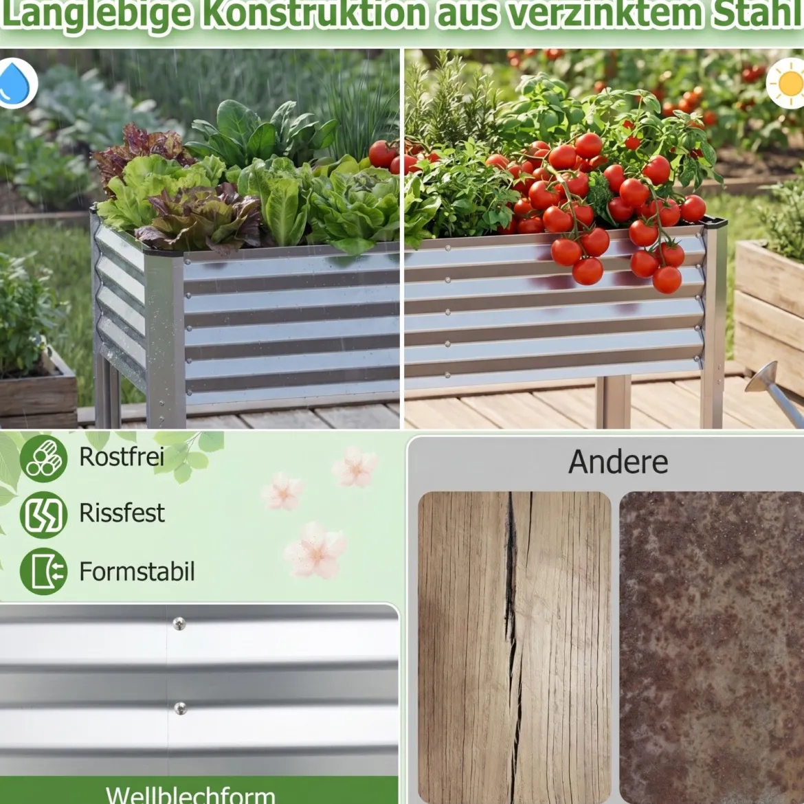 Hochbeet Metall Pflanzkasten mit Beinen Erhöhtes Pflanzgefäß mit Abflusssystem Blumenkasten Grau/Silber