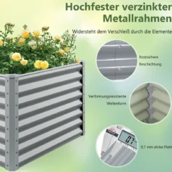 Hochbeet Metall Pflanzkasten für Garten 180 x 95 x 60 cm Rechteckiges Frühbeet mit verstärkter Stäbe & offenem Boden Grau