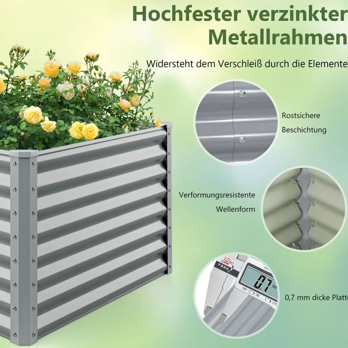 Hochbeet Metall Pflanzkasten für Garten 180 x 95 x 60 cm Rechteckiges Frühbeet mit verstärkter Stäbe & offenem Boden Grau
