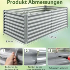 Hochbeet Metall Pflanzkasten für Garten 180 x 95 x 60 cm Rechteckiges Frühbeet mit verstärkter Stäbe & offenem Boden Grau