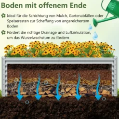 Hochbeet Metall Pflanzkasten für Garten 180 x 95 x 60 cm Rechteckiges Frühbeet mit verstärkter Stäbe & offenem Boden Grau