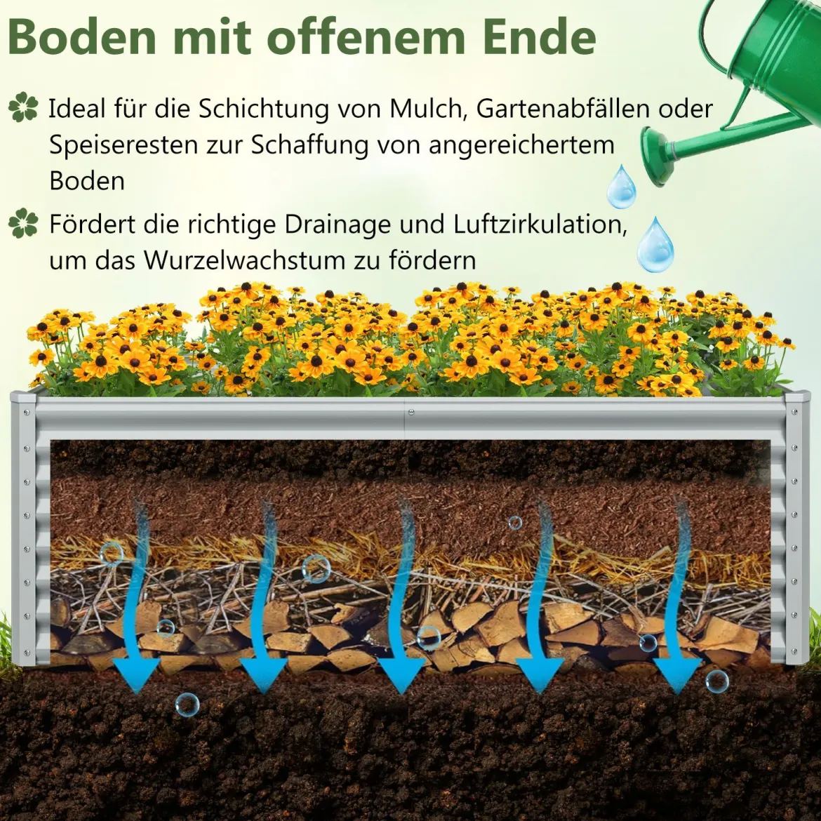 Hochbeet Metall Pflanzkasten für Garten 180 x 95 x 60 cm Rechteckiges Frühbeet mit verstärkter Stäbe & offenem Boden Grau
