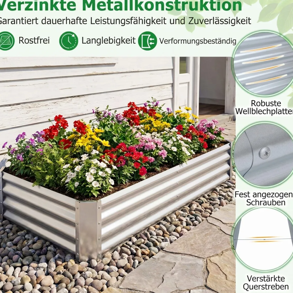 Hochbeet Metall Rechteckiger Pflanzkasten aus Verzinktem Blech mit Offenem Boden 179,5 x 92 x 29,5 cm
