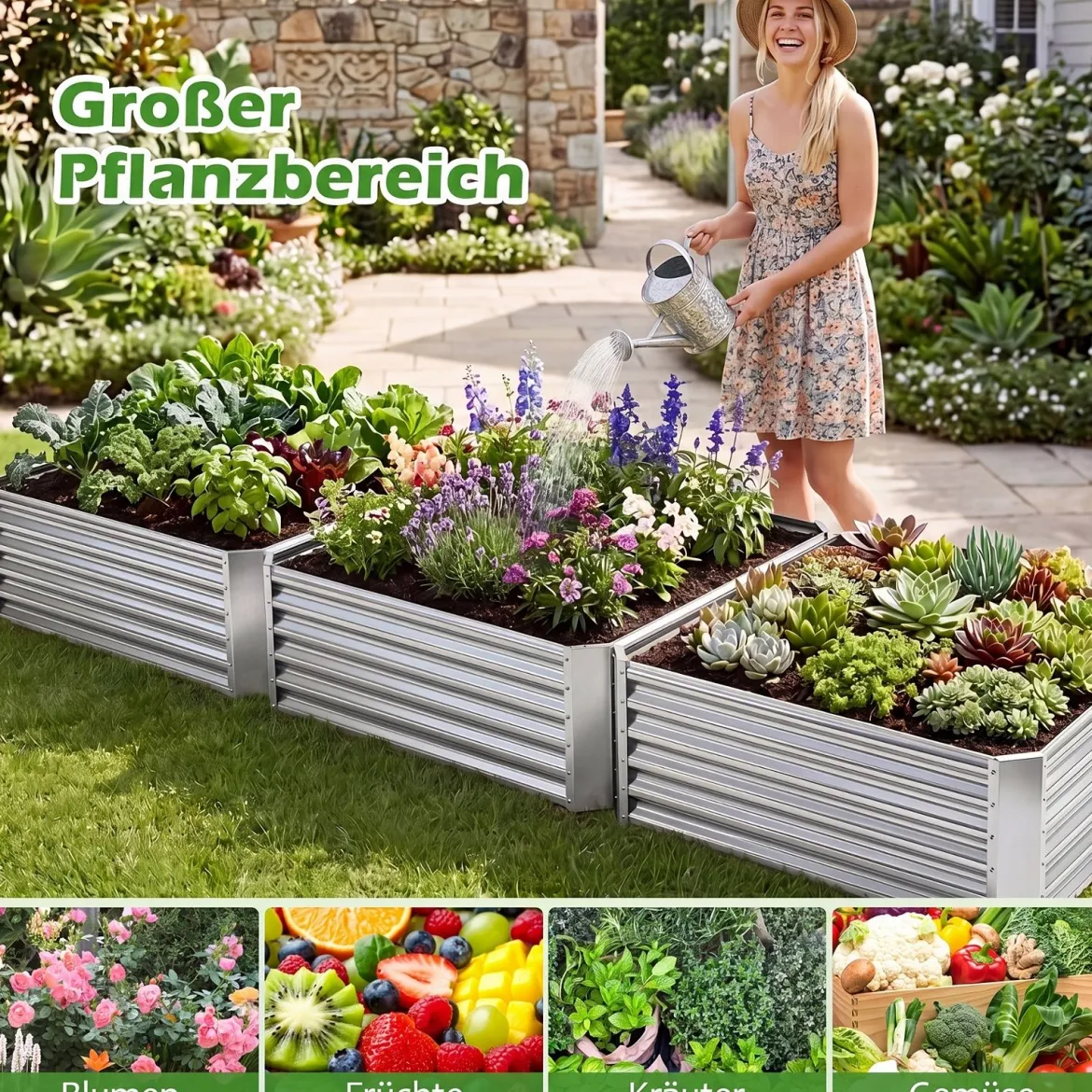 Hochbeet Metall Rechteckiger Pflanzkasten aus Verzinktem Blech mit Offenem Boden 124 x 124 x 44,5 cm
