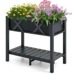 Hochbeet mit Ablage erhöhtes Blumenbeet Holz Pflanzkübel mit Drainagelöchern 86 x 45 x 73 cm Schwarz